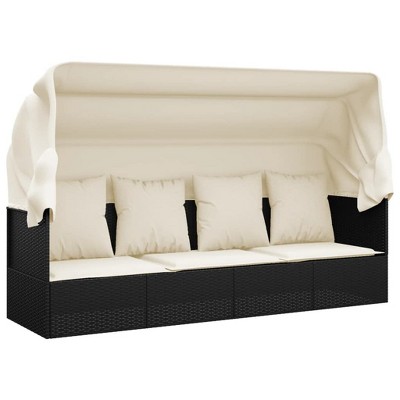 vidaXL Patio Lounge Bed with Adjustable Roof and Cushions - Black Poly Rattan, Cream White Cushions for Garden, 79.9"x22.8"x50"