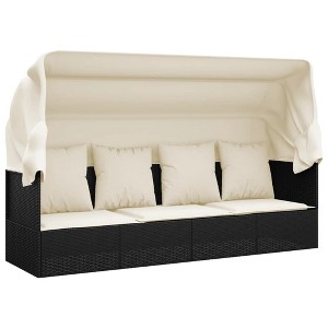 vidaXL Patio Lounge Bed with Adjustable Roof and Cushions - Black Poly Rattan, Cream White Cushions for Garden, 79.9"x22.8"x50" - 1 of 4