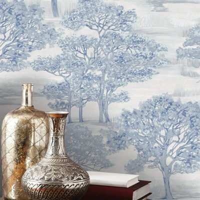 Ice Blue Vinyl Forest Toile Peel and Stick Wallpaper Roll