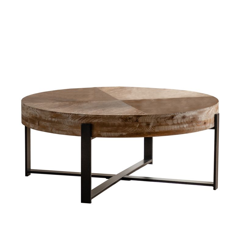 31.29" Modern Retro Splicing Fir Wood Top Round Coffee Table With Cross Legs Metal Base - ModernLuxe, 5 of 11