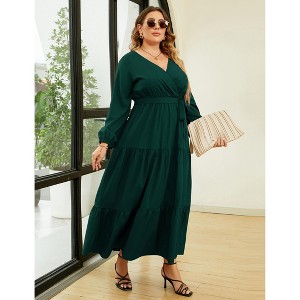 Coolmee Women Plus Size Boho Floral Casual V Neck Long Sleeve Waist Tie Ruffle Flowy Midi Dress - 1 of 4