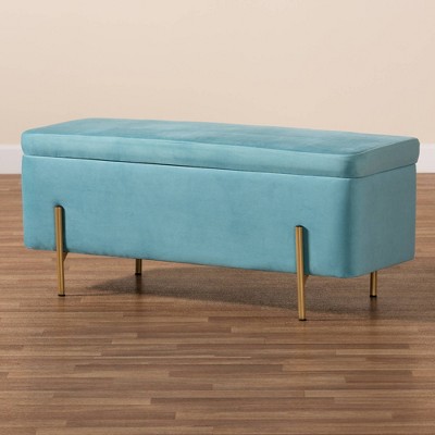 Sky Blue Velvet and Gold Metal Storage Bench