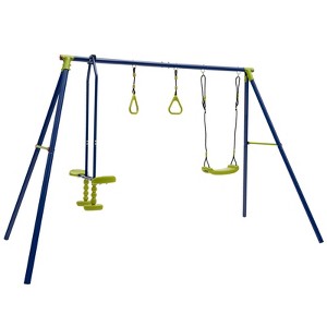 Gymax 3-in-1 Outdoor Swing Set Heavy-duty Metal Swing Stand Including U-shaped Swing 2-Person Glider & 2 Gym Rings - 1 of 4