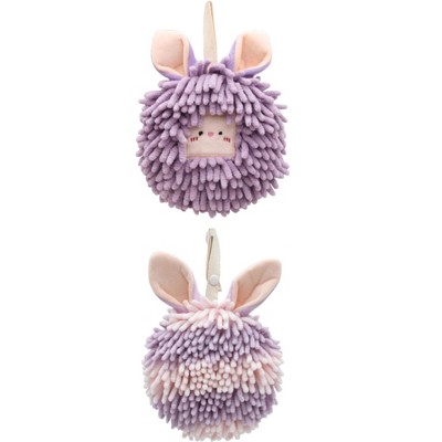 REGALWOVEN Rabbit Shape Quick Drying Soft Absorbent Decorative Chenille Fuzzy Ball Hand Towels with Hanging Loops 7" x 7" 2 Pcs