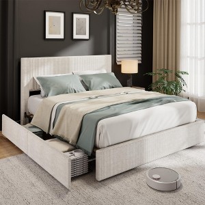 Bed Frame, Full Size Platform Bed Frame with 4 Storage Drawers, Upholstered Channel Tufted Wingback Headboard Bed Frame - 1 of 4
