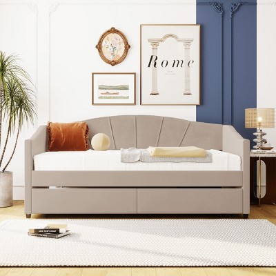 Twin Size Upholstered Daybed with Storage Drawers, Velvet Sofa Bed with Backrest and Two Armrests-Baofuwish