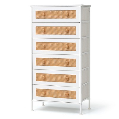 Pellebant 6 Drawers dressers for bedroom Rattan Dresser Storage Tower Tall Fabric Dresser with Wood Top &Wood Handles