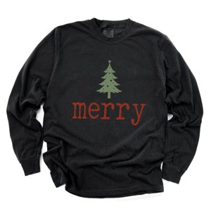 Merry Christmas Tree Stars - Women's Garment Dyed Long Sleeve Graphic T-Shirt - 1 of 4