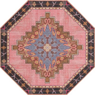 Pink and Blue Octagon Chenille Flat Woven Area Rug