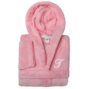 Personalized Linum Kids 100% Polyester SUPER PLUSH Double Brushed Hooded Bathrobe in White Script Font - 1 of 3