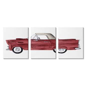 Stupell Industries Vintage Red Convertible Drawing Classic Automobile Car Gallery Wrapped Canvas Wall Art 3pc Set, 16 x 20