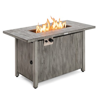 Tangkula 43’’ Propane Fire Pit Table 50,000 BTU Outdoor Propane Gas Fire Table w/ Wood Grain Tabletop Hideaway Tank Storage