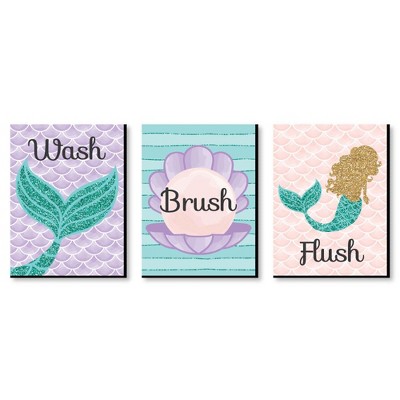 Big Dot of Happiness Let's Be Mermaids - Kids Bathroom Rules Wall Art - 7.5 x 10 inches - Set of 3 Signs - Wash, Brush, Flush