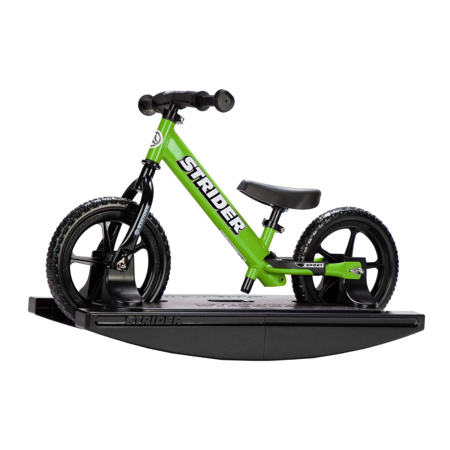 Strider 12” Sport Bike (Green) + Rocking Base - Helps Teach Baby How to Ride a Balance Bicycle - for Kids 6 Months to 4 Years - Easy Assembly