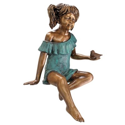 Bridgette Bronze Little Girl Garden Statue with Bird