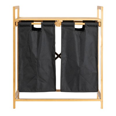Natural Bamboo and Black Fabric Double Tilt-Out Hamper with Shelf