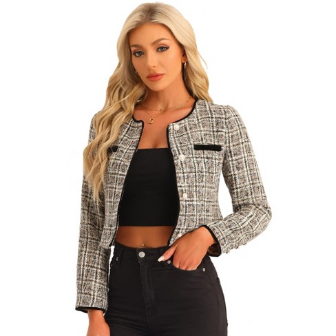 Allegra K Women's Long Sleeve Open Front Work Office Short Plaid Tweed  Blazer Black Medium : Target