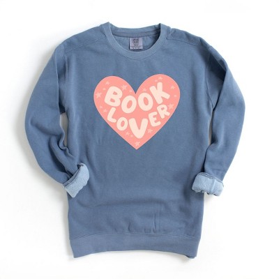 Simply Sage Market Women's Garment Dyed Graphic Sweatshirt Book Lover Heart - M - BlueJean