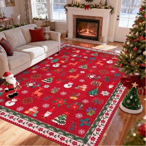 Washable Christmas Party Print Accent Rug w/ Non-Slip Backing,Stain-Resistant Low Pile Holiday Carpet - 1 of 4