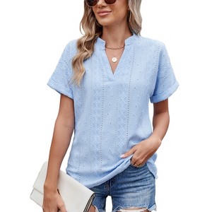 Women's Henley Neck Boho Blouse with Eyelet Embroidery Textured Summer Tops Casual T-Shirts - 1 of 4