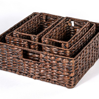 Handwoven Dark Brown Hyacinth Storage Basket Set with Iron Frame