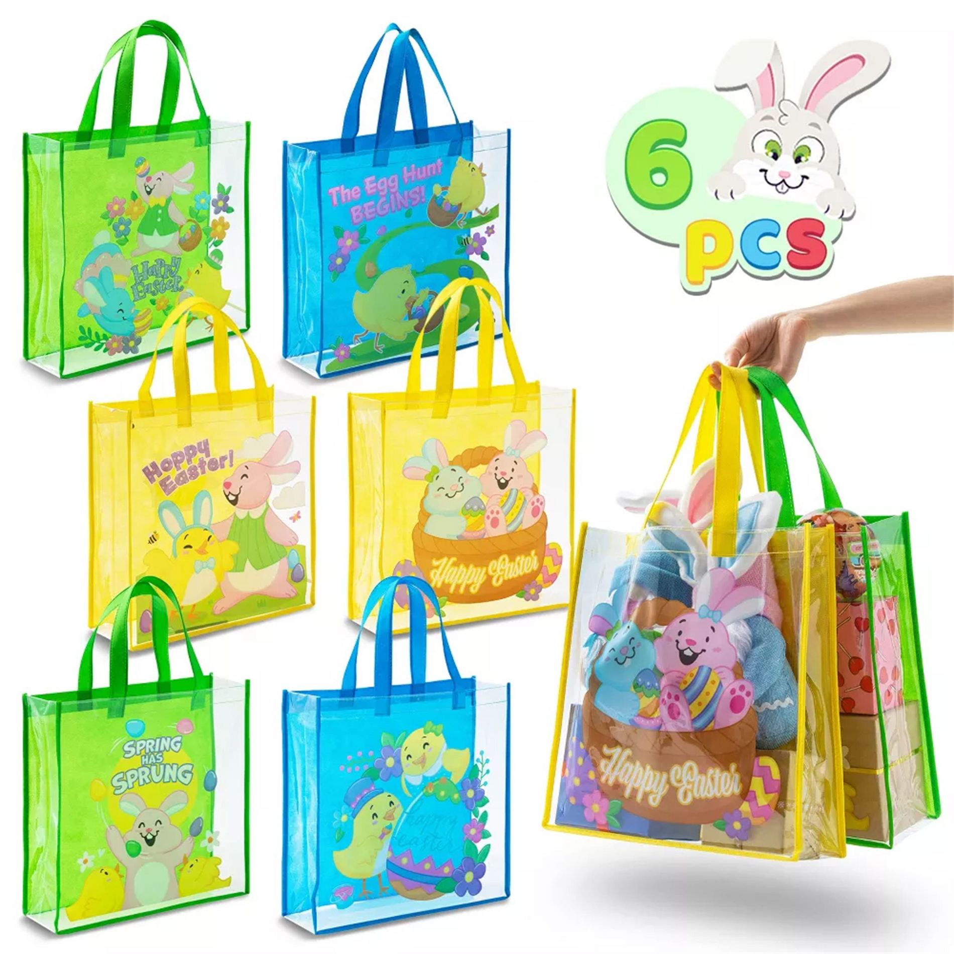 Joyfy 6 48 Pcs Easter Gift Bags Set Goodie Tote Treat Rabbit Bunny Bags with Handles for Easter Egg Hunt Party Favors Supplies