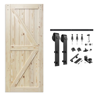SMARTSTANDARD 84 in. Height K Shape Natural Wood Interior Sliding Barn Door with Hardware Kit