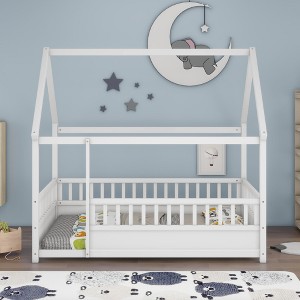 Full Size Wooden Floor Bed with House Roof Frame and Fence Guardrails for Kids Bedroom - 1 of 4