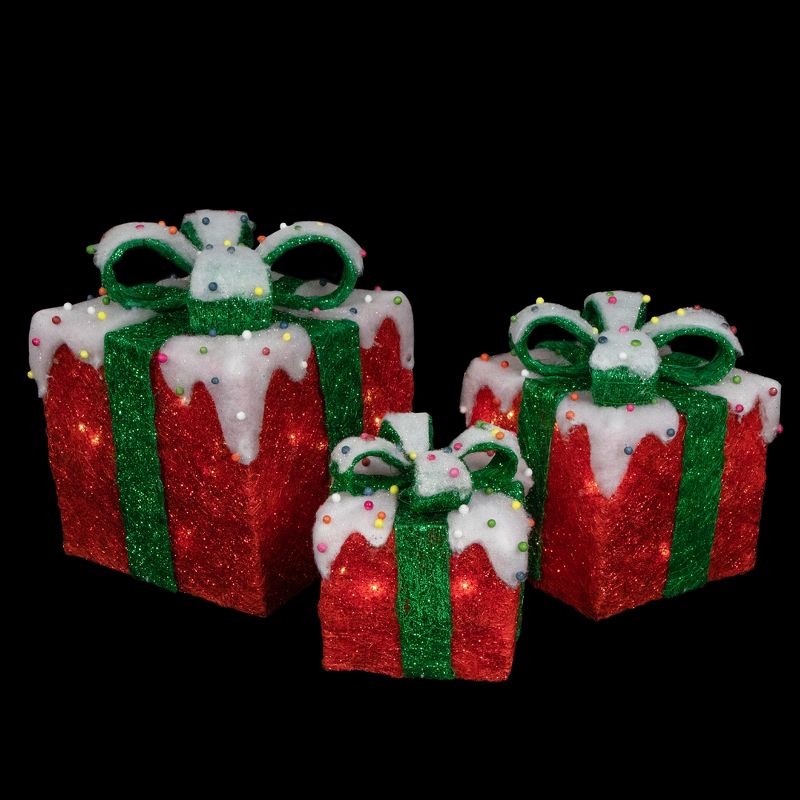 Northlight Set of 3 Lighted Snow and Candy Covered Sisal Gift Boxes Christmas Outdoor Decorations, 3 of 7
