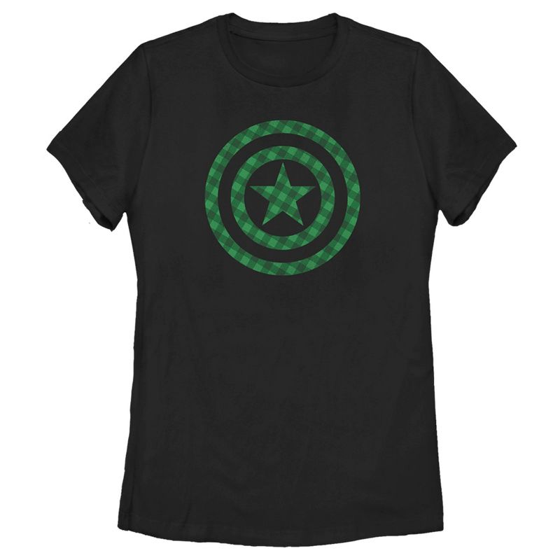 Women's Marvel St. Patrick's Day Green Plaid Captain America Shield T-Shirt, 1 of 5