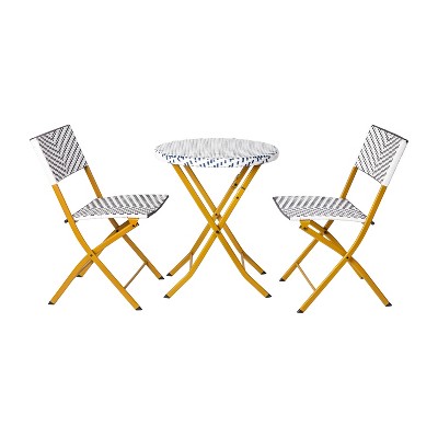 Emma and Oliver Three Piece Folding French Bistro Set in Navy and White PE Rattan with Natural Metal Frames for Indoor and Outdoor Use