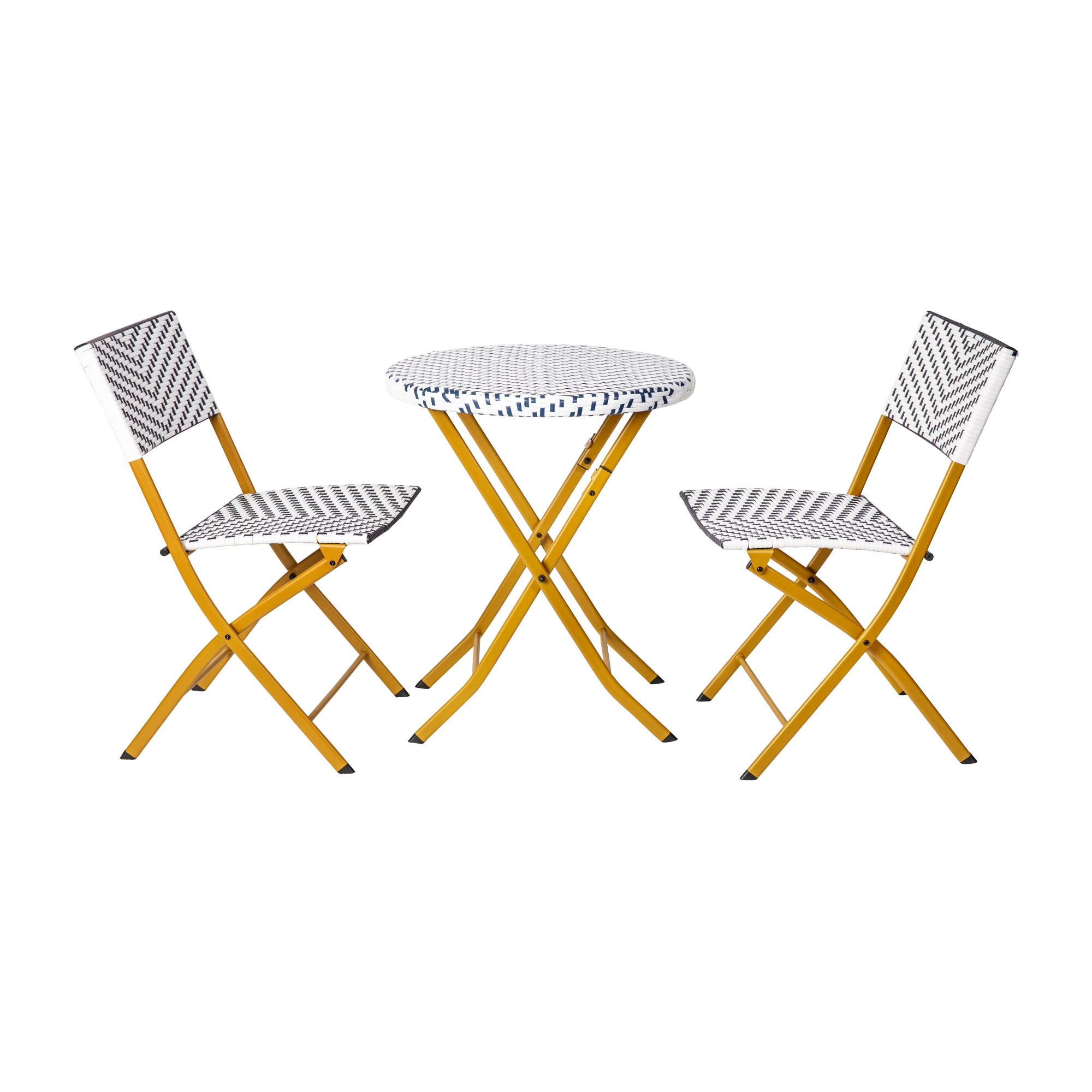 Emma & Oliver Ciel Three Piece Folding Bistro Set in Navy and White PE Rattan with Natural Metal Frames for Indoor and Outdoor Use