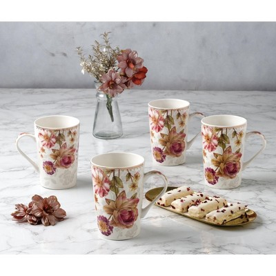 Floral Pink Ceramic Tall Coffee Mugs Set