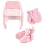 Hudson Baby Infant Girl Trapper Hat, Mitten and Bootie Set, Light Pink