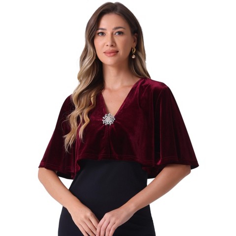 Allegra K Women's Velvet Cardigan Cocktail Party Bell Sleeve Open Front Cropped Shrug Bolero Dark Red X-Large