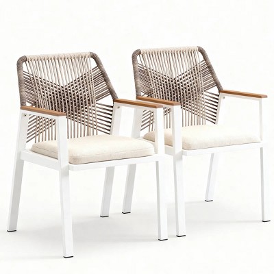 Set of 2 White Patio Dining Chairs, All-Weather Aluminum Outdoor Furniture for Garden, Poolside & Indoor Use