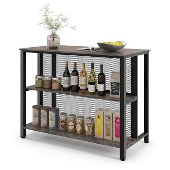 Costway 36" Tall 3-Tier Bar Table with Storage Metal Frame Adjustable Foot Pads Rustic Brown/Grey