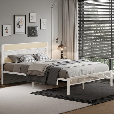 VECELO Metal Platform Bed Frame with Rustic Vintage Wooden Headboard, Heavy Duty Metal Slats Support