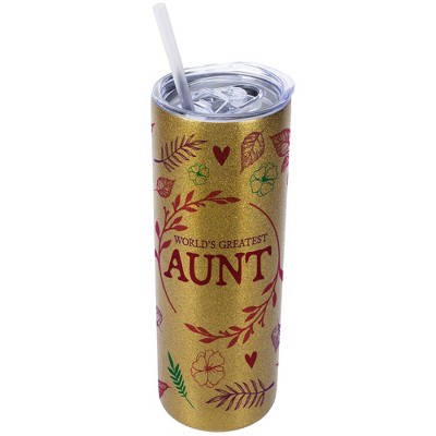 Elanze Designs Floral Vegas Gold 20 Ounce Double Wall Stainless Steel Glitter Travel Tumbler With Sliding Lid And Straw, World's Greatest Aunt