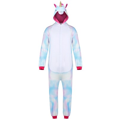 SYNCFUN Unisex Adult Pajama Plush Jumpsuit One Piece Blue Colorful Unicorn Animal Costume for Halloween Cosplay Themd Party
