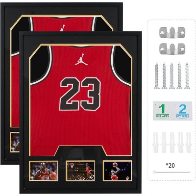 MUKE Jersey Display Case with Photo Slots, Jersey Frame with UV-Protection, Black & Gold Pinboards, Shadow Box Frame for Sports Memorabilia