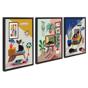 Kate & Laurel All Things Decor 18"x24" 3pc Sylvie Record Player TV Cat Bed Framed Canvas Art by Rachel Lee Set Black - 1 of 4