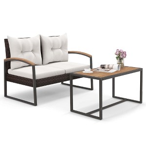 Tangkula Set of 2 Wicker Patio Furniture - Rattan Loveseat 2-Seater Small Couch w/Acacia Wood Coffee Table & Cushions Conversation Sofa Set - 1 of 4