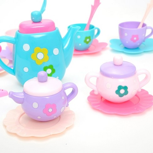15 Piece Kids Plastic Tea Set Carry Case Pretend Play Tea Pot Cups Saucers Bowl 