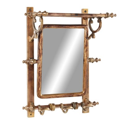 15" x 20" Bathroom Wall Rack with Hooks and Rectangular Mirror Brass - Olivia & May