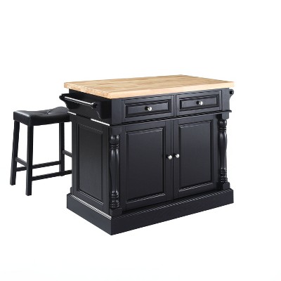 Oxford 30" Black Wood Kitchen Island with Saddle Stools