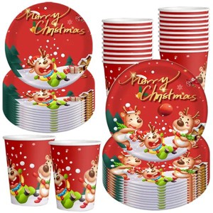 30 Pcs Christmas Party Dinnerware Set Disposable Paper Plates and Cups Serves 10 Merry Elk Tableware for Christmas Winter Party Home Decoration - 1 of 4