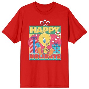 Looney Tunes Tweety Happy Holidays Crew Neck Short Sleeve Red Women's T-shirt - 1 of 3