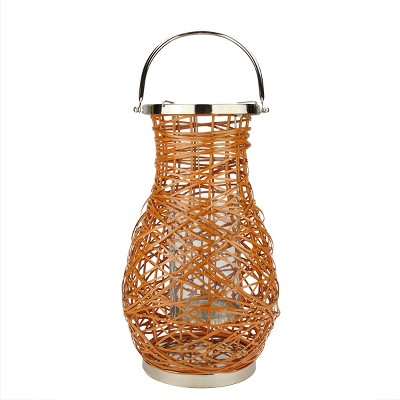 Northlight 16.25" Modern Orange Decorative Woven Iron Pillar Candle Lantern with Glass Hurricane