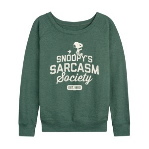 Women's - Peanuts - Snoopy Sarcasm Society Lightweight French Terry Wide Neck Long Sleeve Shirt - 1 of 4